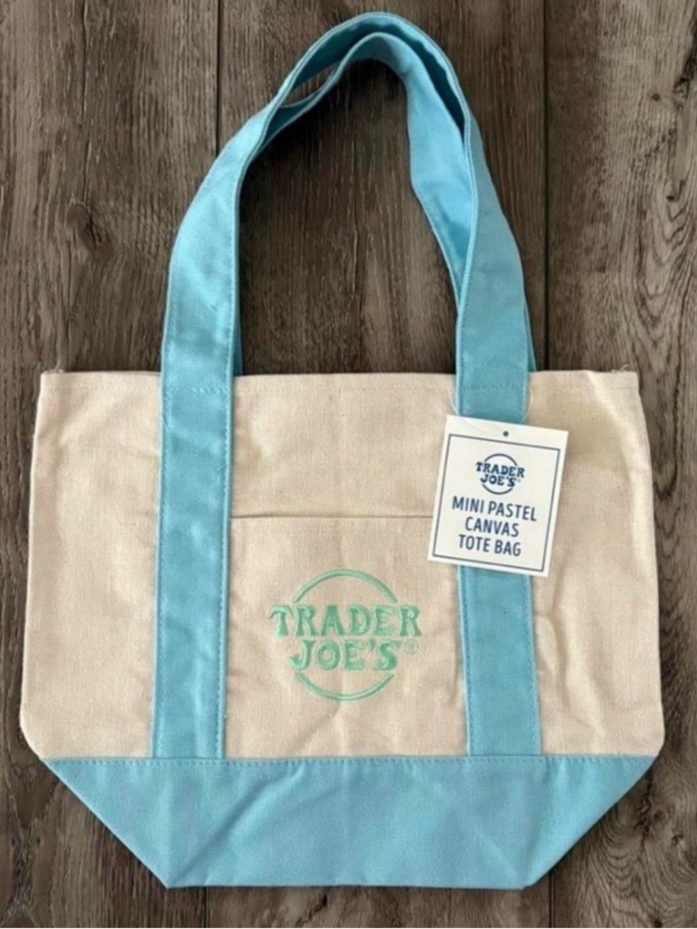 Trader Joe's Mini Canvas Tote Bag in Cream with Light Blue Trim